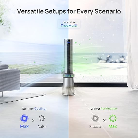 Dreo MC710S Air Purifier Tower Fan, 45" 2-in-1 Smart Fan for Bedroom, 27ft/s Velocity, 120°Oscillation, 24H Timer Bladeless Fans for Home, 25dB Low Noise, Standing Fan Works with Alexa, Silver Blue