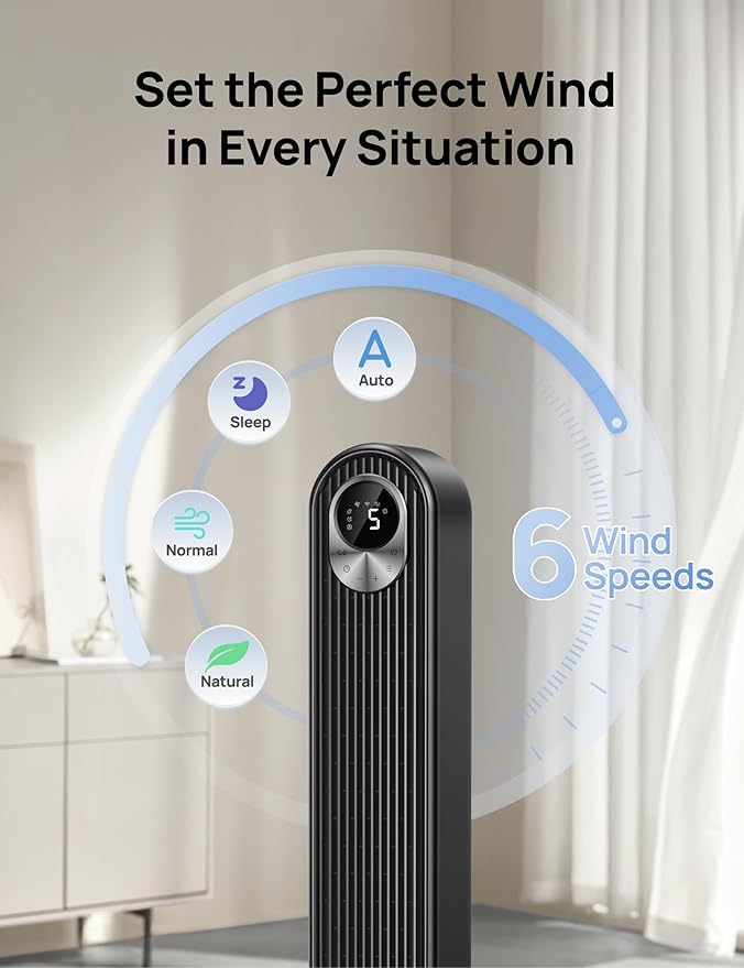 Dreo Tower Fan for Bedroom, 90° Oscillating Standing Fan, 30ft far, 28dB Quiet for Sleep, 6 Speeds, 4 Modes, 12H Timer, 42 Inch, Bladeless, Remote, for Home, Office, Room, Cruiser Pro T1