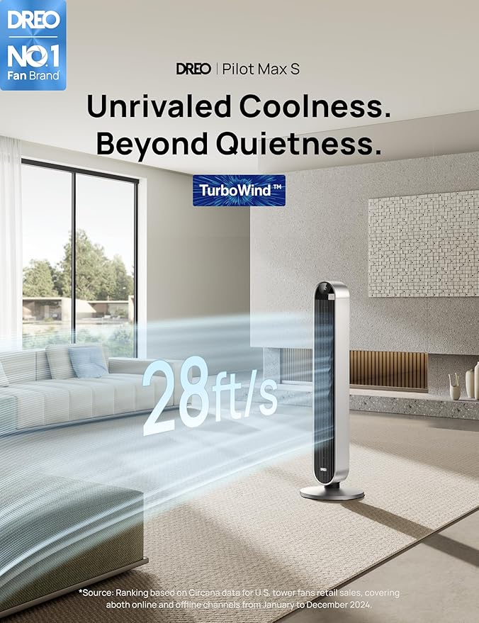 Dreo Tower Fan for Bedroom, 42 Inch 120° Oscillating Fan, 25dB Quiet DC Motor, 28ft/s Velocity Bladeless Standing Fan with 12 Speeds, 4 Modes, 12H Timer Cooling Fans for Home, Living Room, Pilot Max S