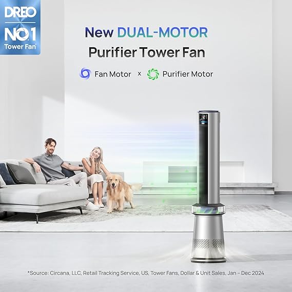 Dreo MC710S Air Purifier Tower Fan, 45" 2-in-1 Smart Fan for Bedroom, 27ft/s Velocity, 120°Oscillation, 24H Timer Bladeless Fans for Home, 25dB Low Noise, Standing Fan Works with Alexa, Silver Blue