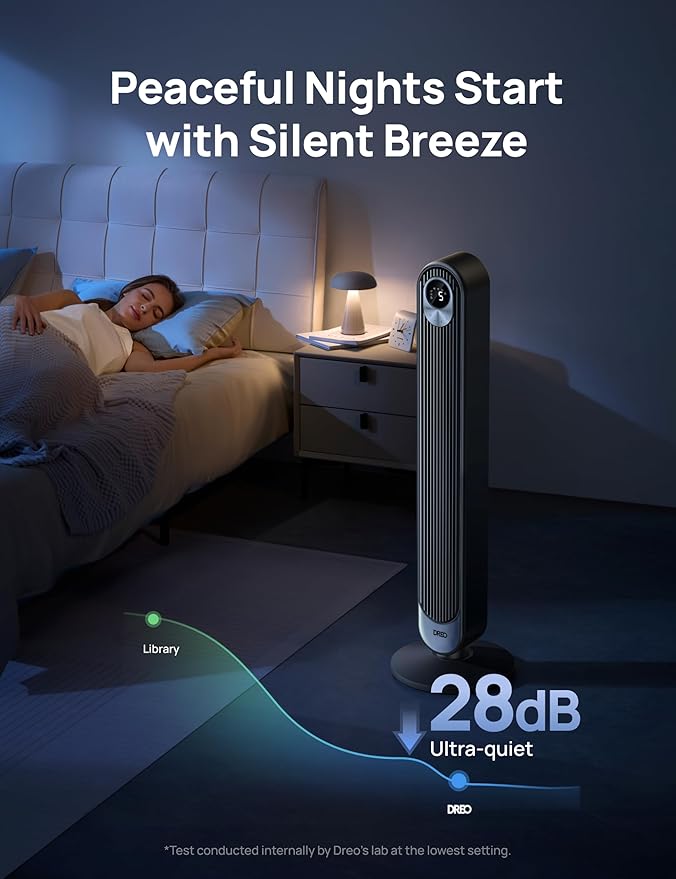 Dreo Tower Fan for Bedroom, 90° Oscillating Standing Fan, 30ft far, 28dB Quiet for Sleep, 6 Speeds, 4 Modes, 12H Timer, 42 Inch, Bladeless, Remote, for Home, Office, Room, Cruiser Pro T1