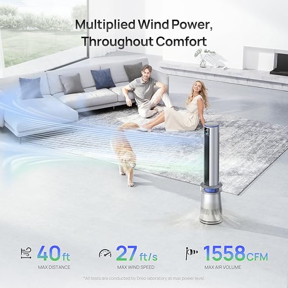 Dreo MC710S Air Purifier Tower Fan, 45" 2-in-1 Smart Fan for Bedroom, 27ft/s Velocity, 120°Oscillation, 24H Timer Bladeless Fans for Home, 25dB Low Noise, Standing Fan Works with Alexa, Silver Blue